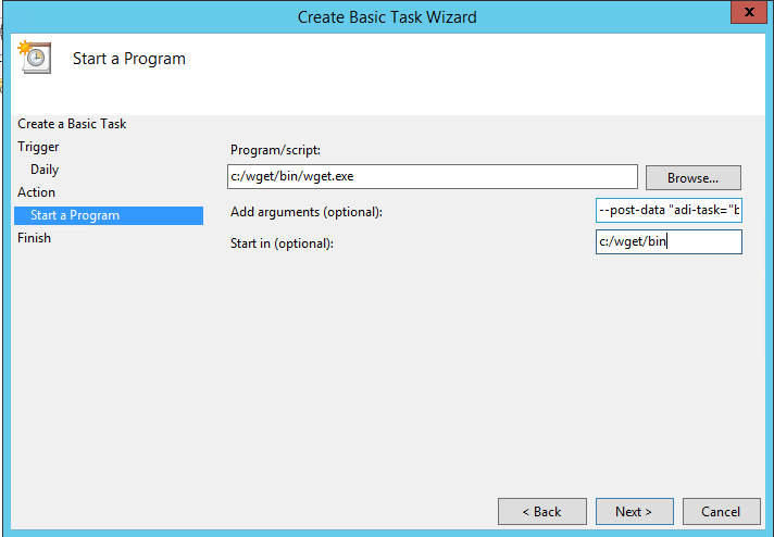 Create basic wget task in Windows Task Scheduler